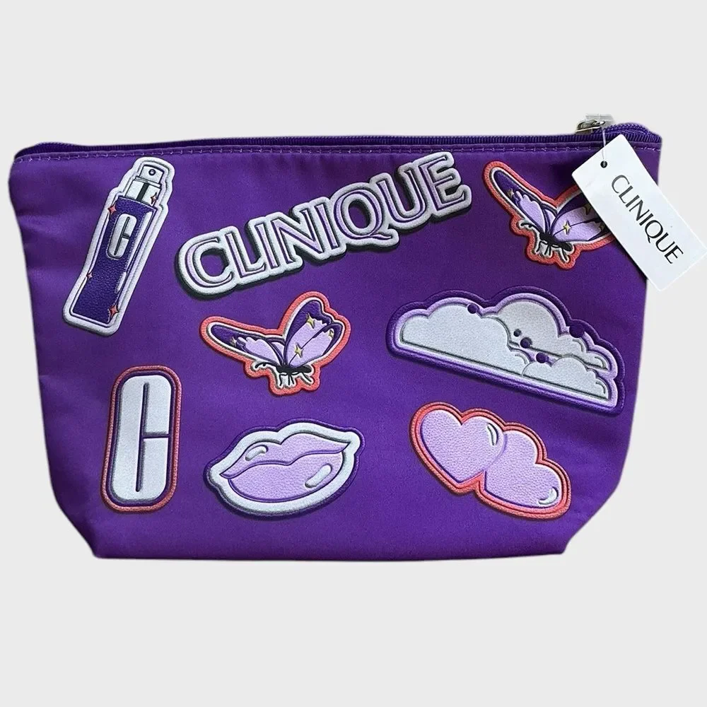 Clinique Purple Cosmetic Bag Makeup Pouch Butterfly Patch Travel Toiletry Bag